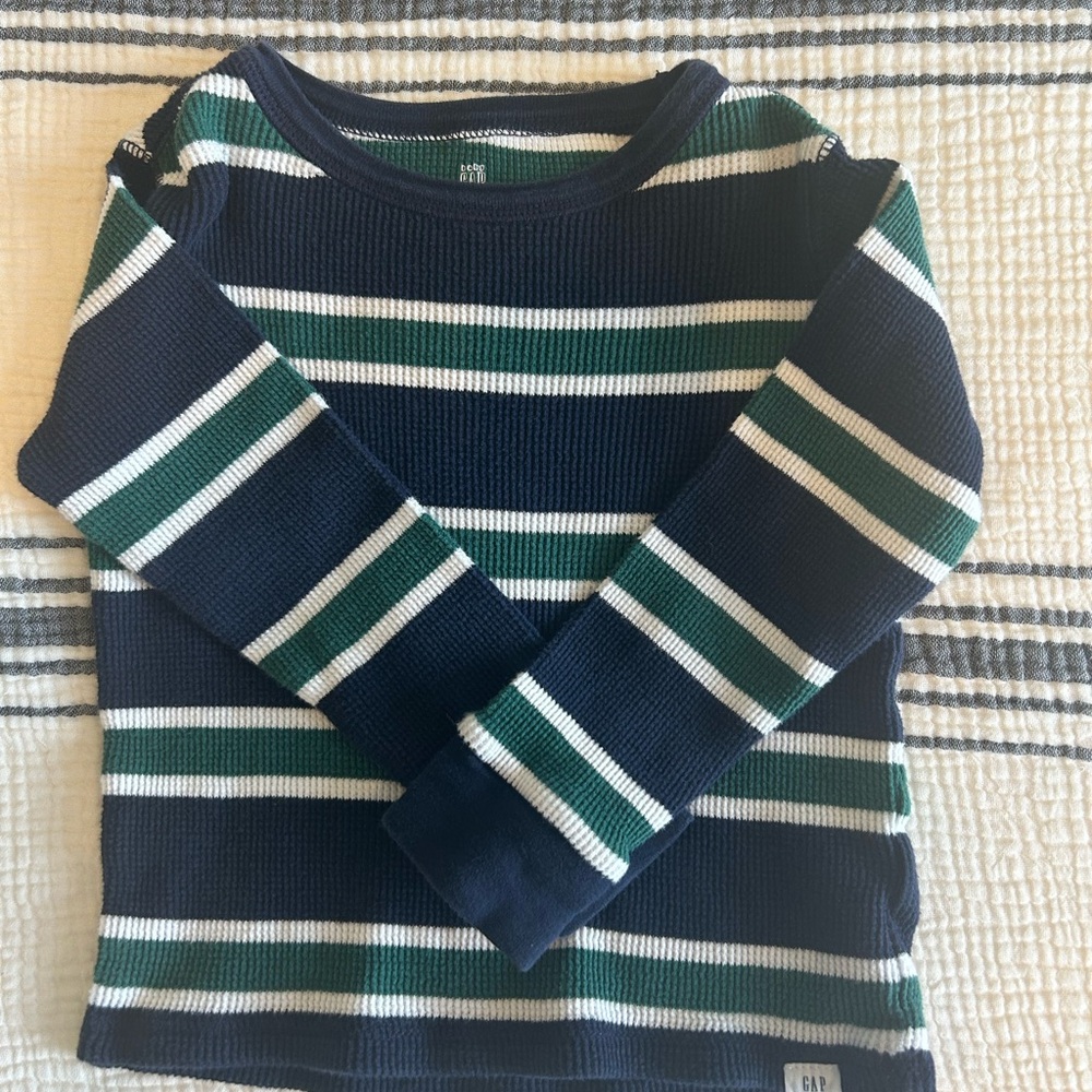 GAP Kids Navy and Green Striped Long Sleeve Tee waffle